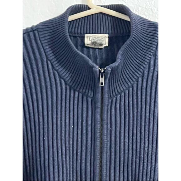L.L.Bean Sweater Sz L Blue Full Zip Cotton Knit Classic 90s Grandpa Mock Neck - Picture 2 of 3